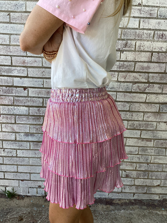 9117L-PK Grace & Emma Shimmer Ruffle Skirt with Shorts in Pink