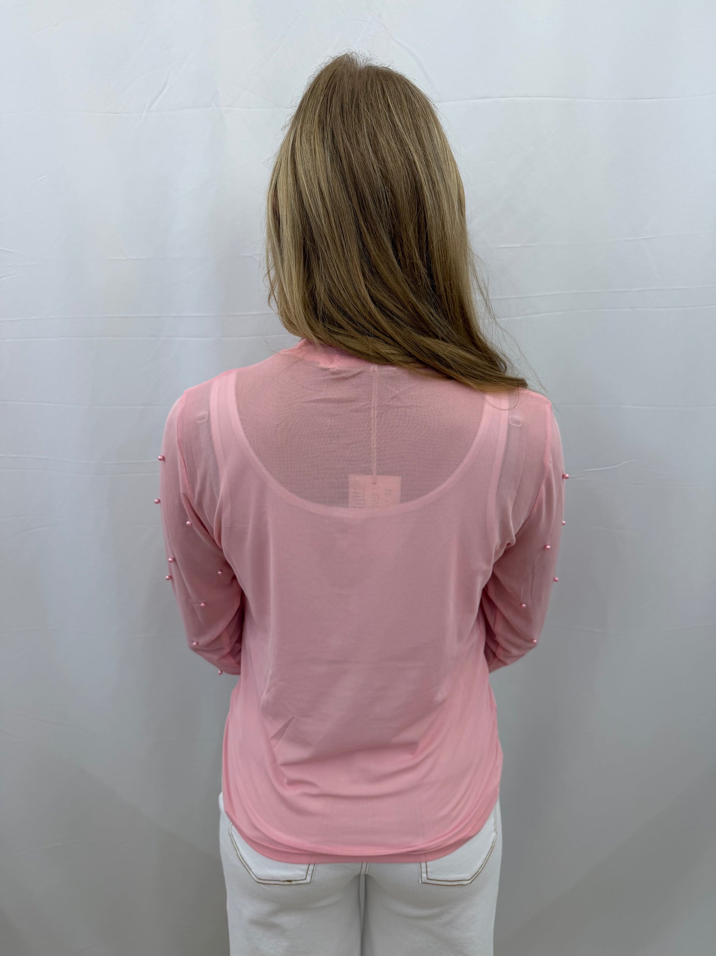 9447E-PK Grace and Emma Mock Neck Mesh Layering Top with Pearl Sleeves