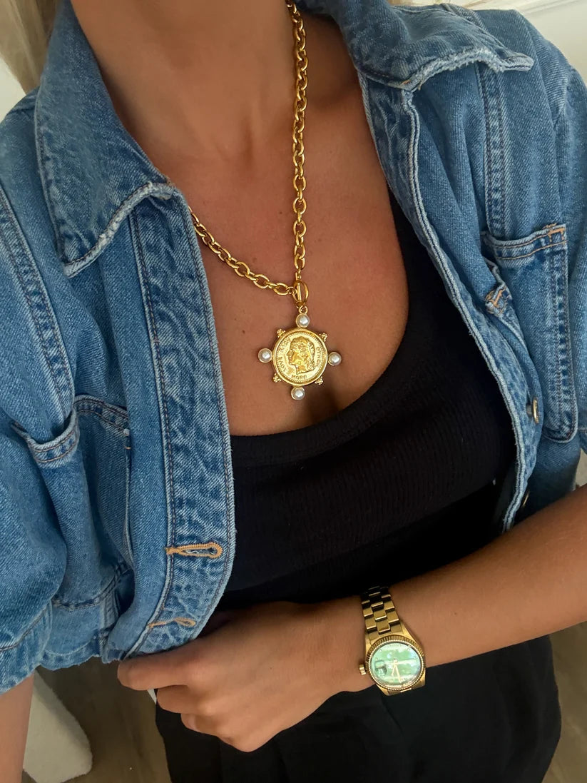Chansuttpearls The Pearl Coin Necklace 18k Gold Plated Stainless Steel Water Resistant 18" Long 0