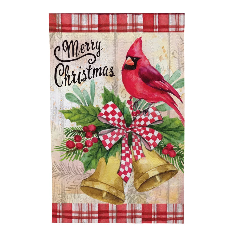 MFB47HF26 Evergreen Christmas Bells Cardinal Moire House Flag 0