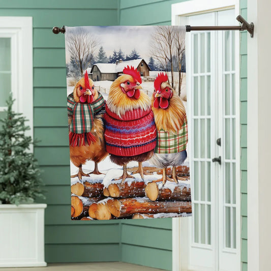 BF463GF26 Evergreen Holly Homestead Cozy Hens Burlap Garden Flag 0