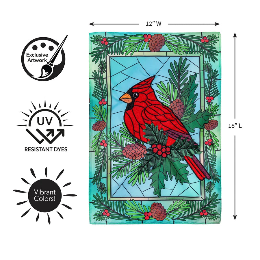APTCRGF26 Evergreen Stained Glass Winter Cardinal Applique Garden Flag 0