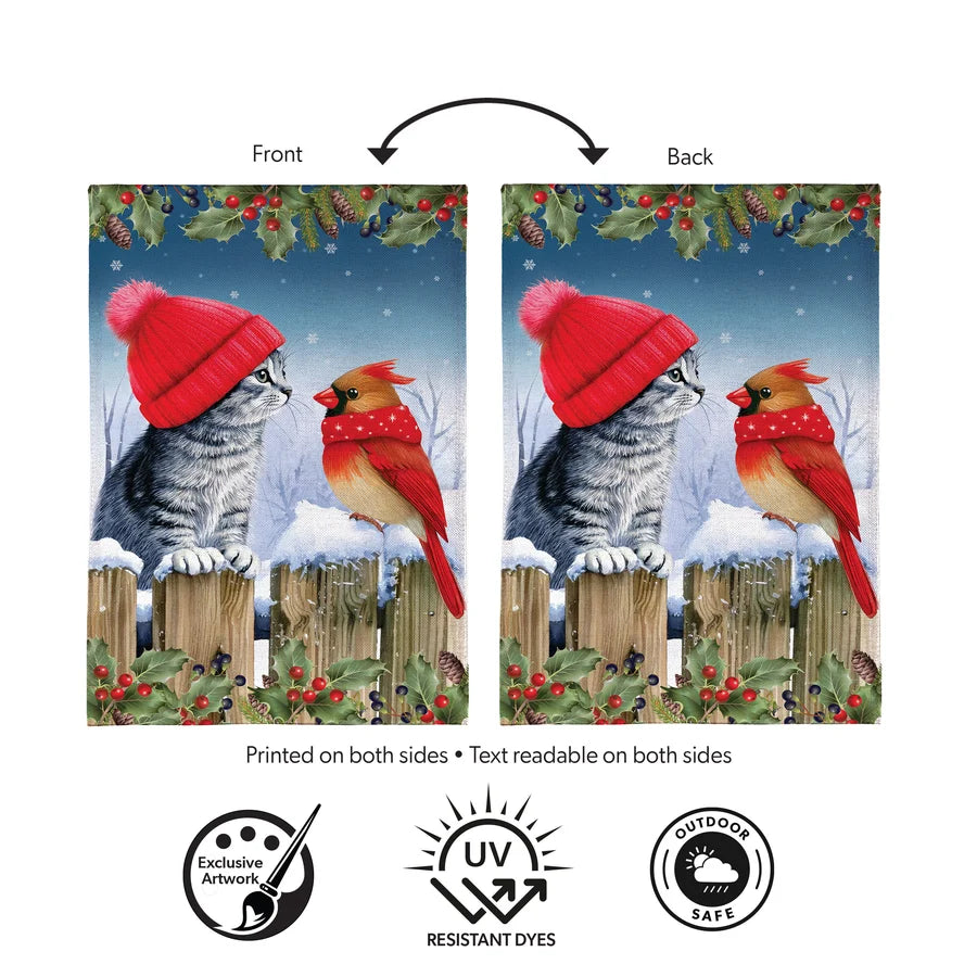BFDBFGF26 Evergreen Kitten & Cardinal Winter Friends Burlap Garden Flag 0