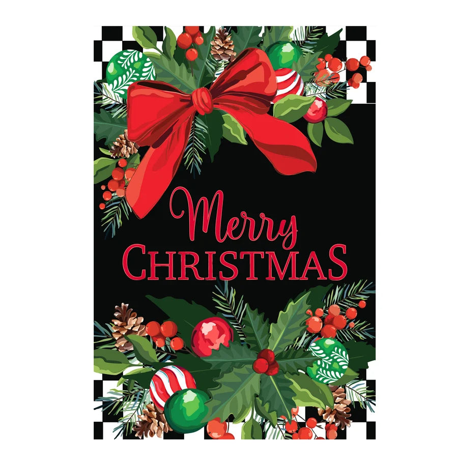 AP3G2GF26 Evergreen Floral Checkered Merry Christmas Applique Garden Flag 0