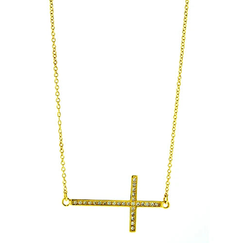 NMD-106G-16 Gold Vermeil Sterling Silver CZ Sideways Cross Necklace