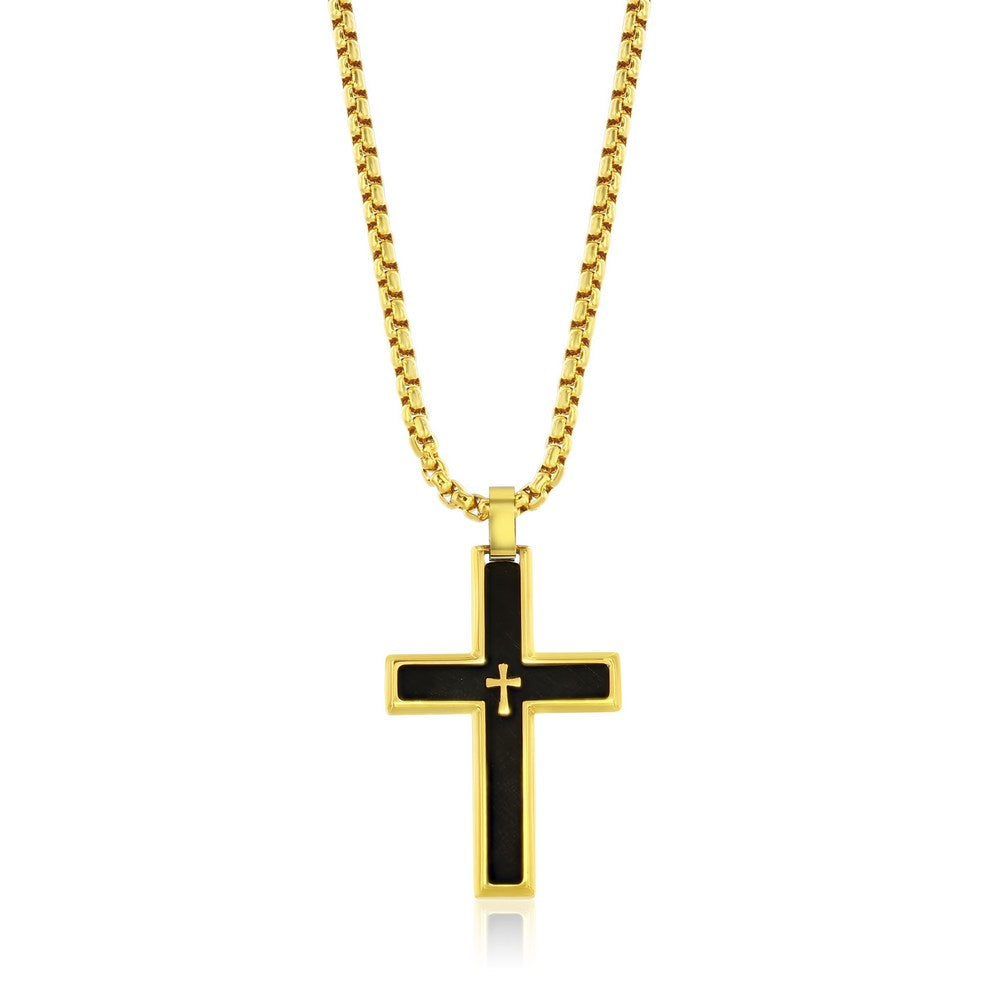 SL-7403 Stainless Steel, Brushed Black & Gold Cross Necklace - Gold Plated