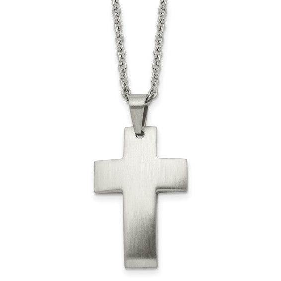 SRN1366-20 Chisel Stainless Steel Brushed Cross Pendant on a 20 inch Cable Chain Necklace