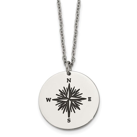 SRN2438-22 Chisel Stainless Steel Polished Enameled NOT ALL WHO WANDER ARE LOST Compass Pendant on a 22in Cable Chain Necklace