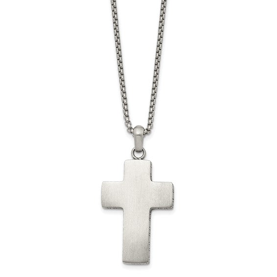SRN3039-19.75 Chisel Stainless Steel Brushed Black Oxidized Design Edges Cross Pendant on a 19.75 inch Box Chain Necklace