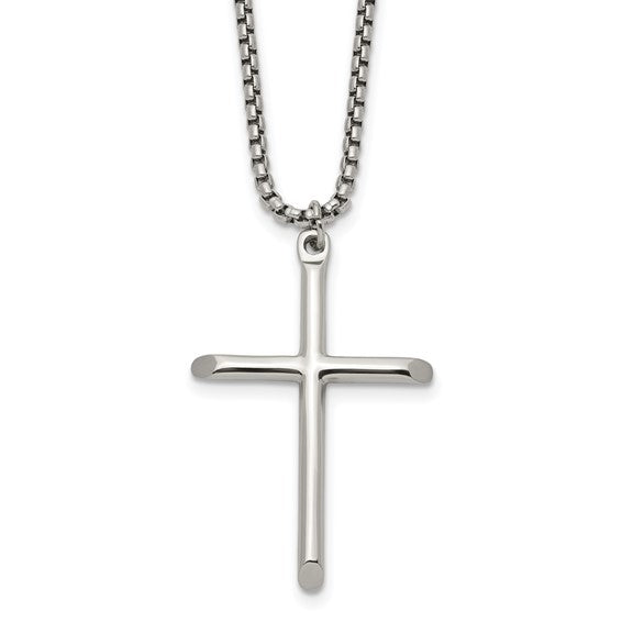 SRN3354-24 Chisel Stainless Steel Polished Cross Pendant on a 24 inch Box Chain Necklace