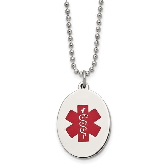 SRN525-22 Chisel Stainless Steel Polished with Red Enamel Oval Medical ID Pendant on a 24 inch Ball Chain Necklace