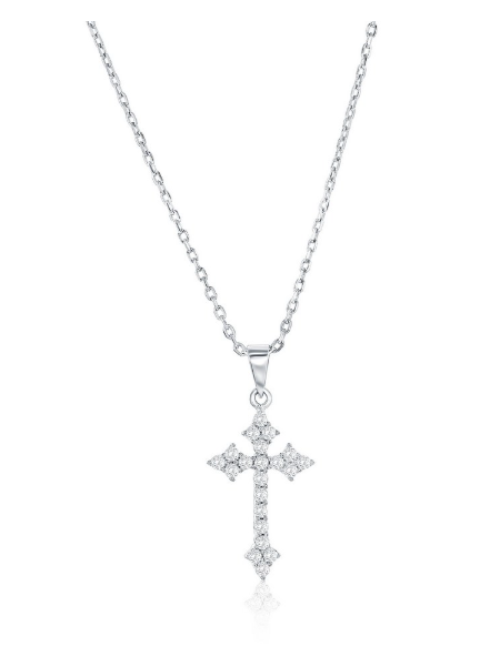 M-7992 Sterling Silver CZ Cross Necklace 16"+ 2" 0