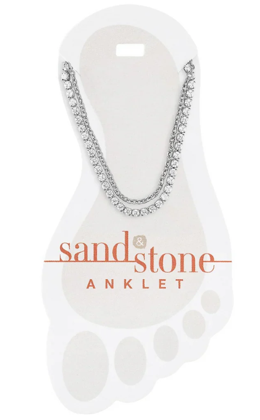SS-ANKS08 Sand & Stone Anklet Silver Tone Duo CZ and Box Chain 0