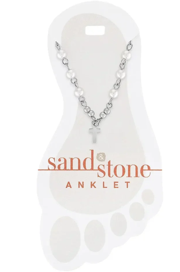 SS-ANKS18 Sand & Stone Silver Tone Cross Dangle Anklet 0