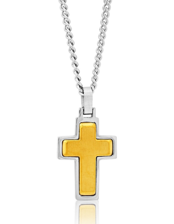SL-7418 Stainless Steel 24" Two-Tone Brushed & Polished Cross Necklace 0