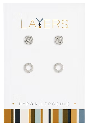 LAY-EAR614-S Layers Silver Tone Textured Disc & Open Circle Duo Stud Earrings 0