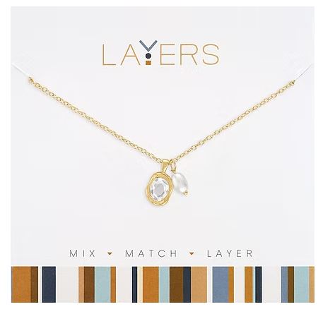 LAY-235G Layers Gold Tone Oval Crystal & Pearl Pendant Necklace 0