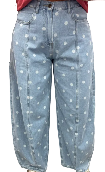 1164J Grace & Emma Polka Dot Barrel Jeans White