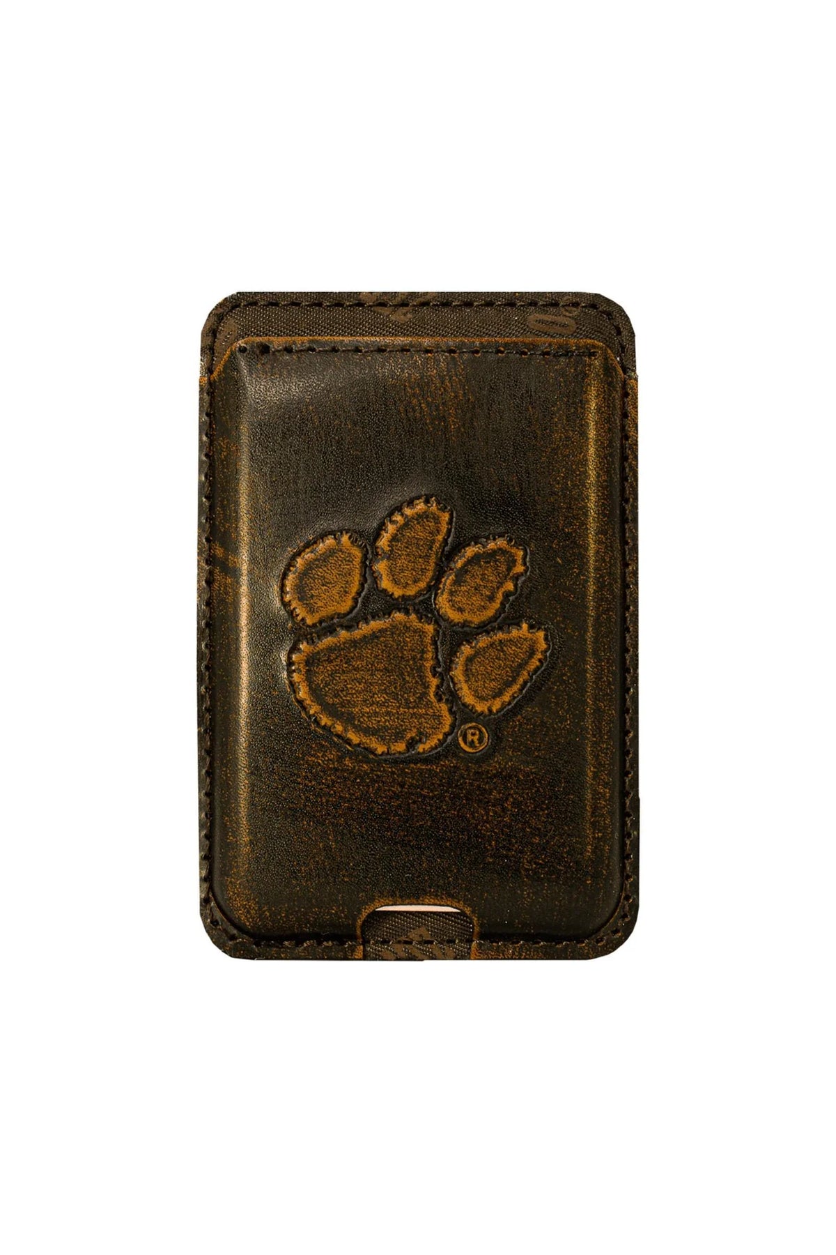 CLE-IWB8-BURN Burnished Antiqued Brown Magnet Phone Card Holder Clemson 0