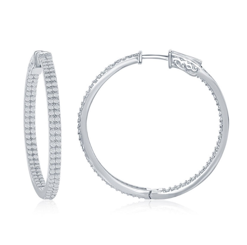 Sterling Silver 3x40mm Inside-Outside Double Row CZ Hooop Earrings