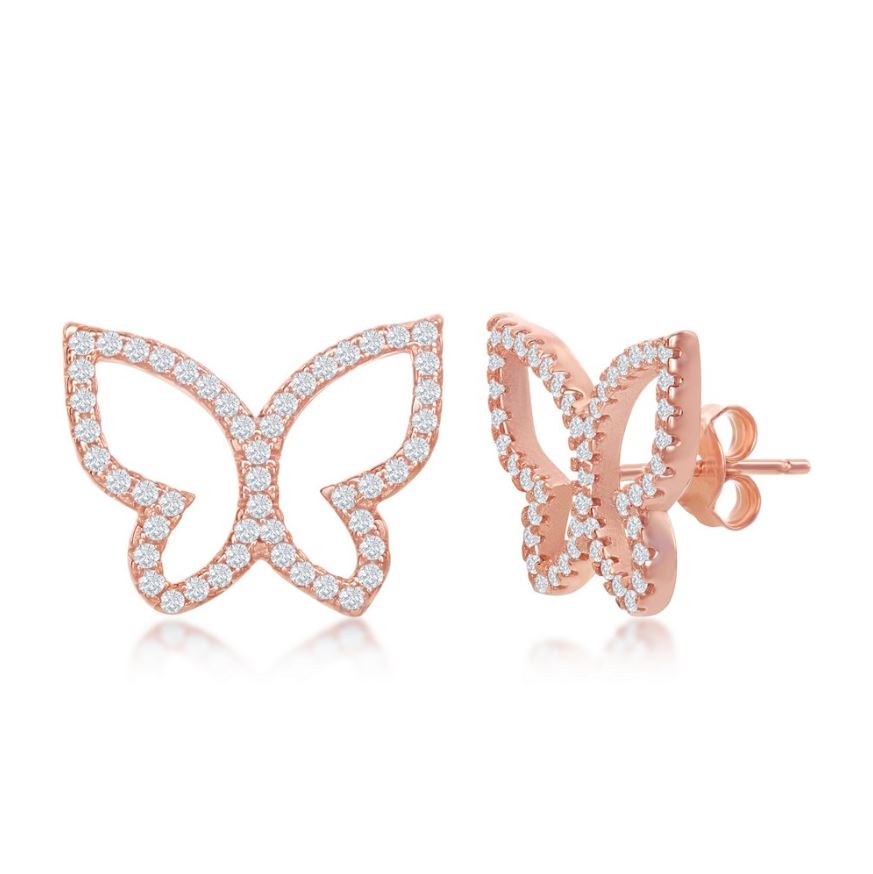Sterling Silver Butterfly CZ Stud Earrings - Rose Plated
