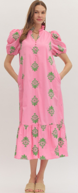 D30221 Entro Pink Dress with Green Embroidery