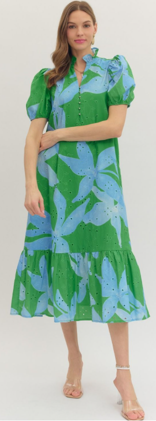 D30894 Green/Blue Floral Print Dress Eyelet Fabric