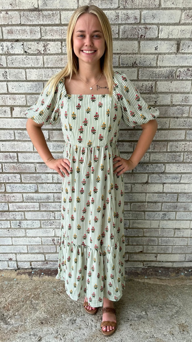 The Alexi Dress in Cottage Stripes Green
