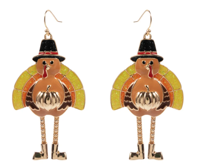 JM70685E-3 Jane Marie Turkey in Pilgrim Hat m=Moving Legs Earrings 0