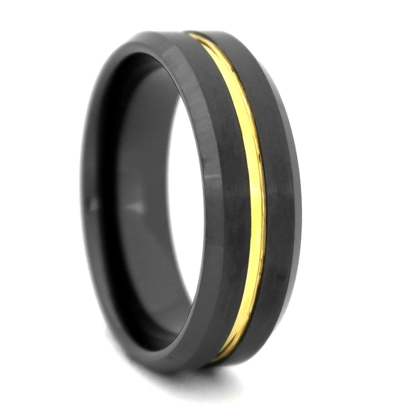 Men's Comfort Fit Black High-Tech Ceramic Wedding Band With Gold Center - 8MM