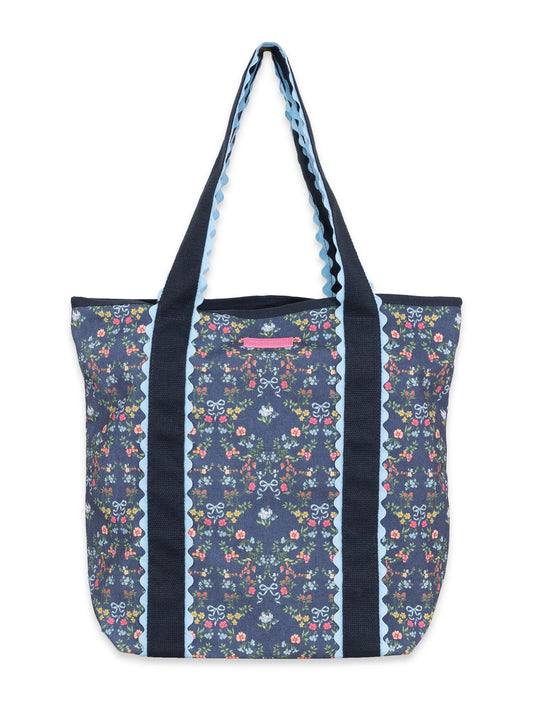 0226-BAG-TOTE-SCLP-RBNFLR Simply Southern Navy Ribbon Flower Scalloped Tote