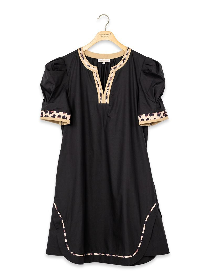PP-0226-DRS-PUF-WLD Simply Southern Women's Black Puff Sleeve Dress with Leopard Print Trim 0