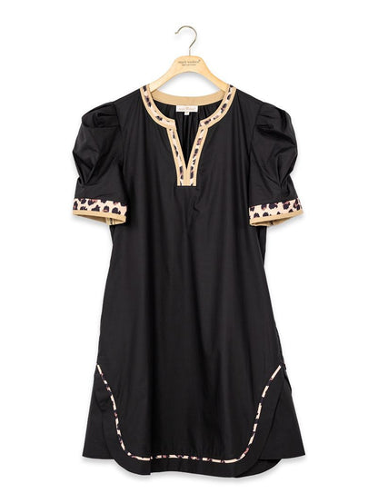 PP-0226-DRS-PUF-WLD Simply Southern Women's Black Puff Sleeve Dress with Leopard Print Trim 0
