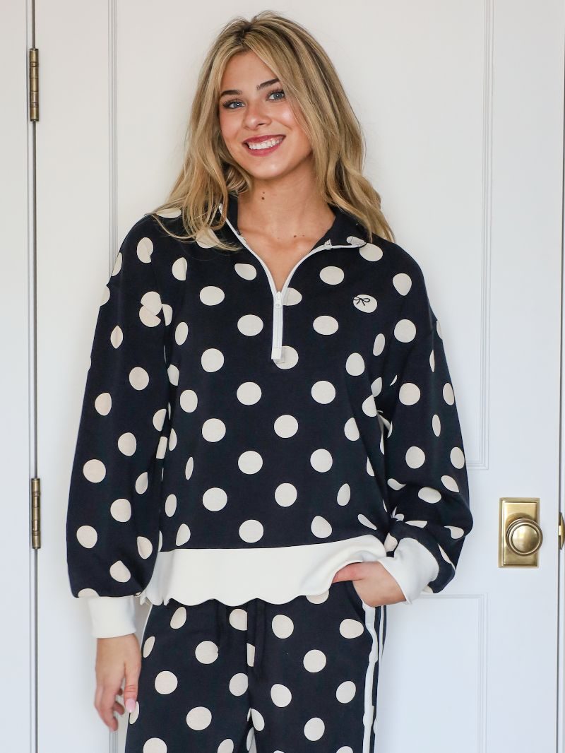 PP-0226-PULL-LNG-SCLP-BLK Simply Southern Women's Black Polka Dot Quarter Zip Top 0