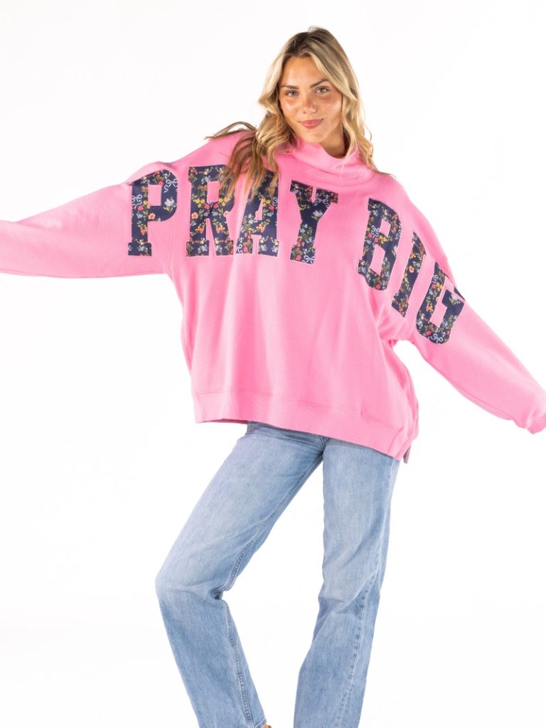 0226-SWTSH-MCK-EVD-PRYBG-OS Simply Southern Women's Pray Big Mock Neck Top One size
