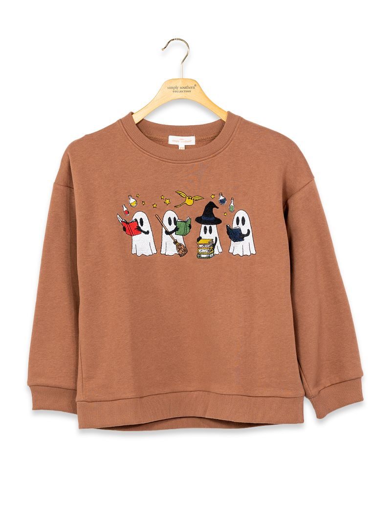 PP-0226-YTH-CRW-EMB-FALL-GHOST Simply Southern Youth Girl Ghost Crewneck