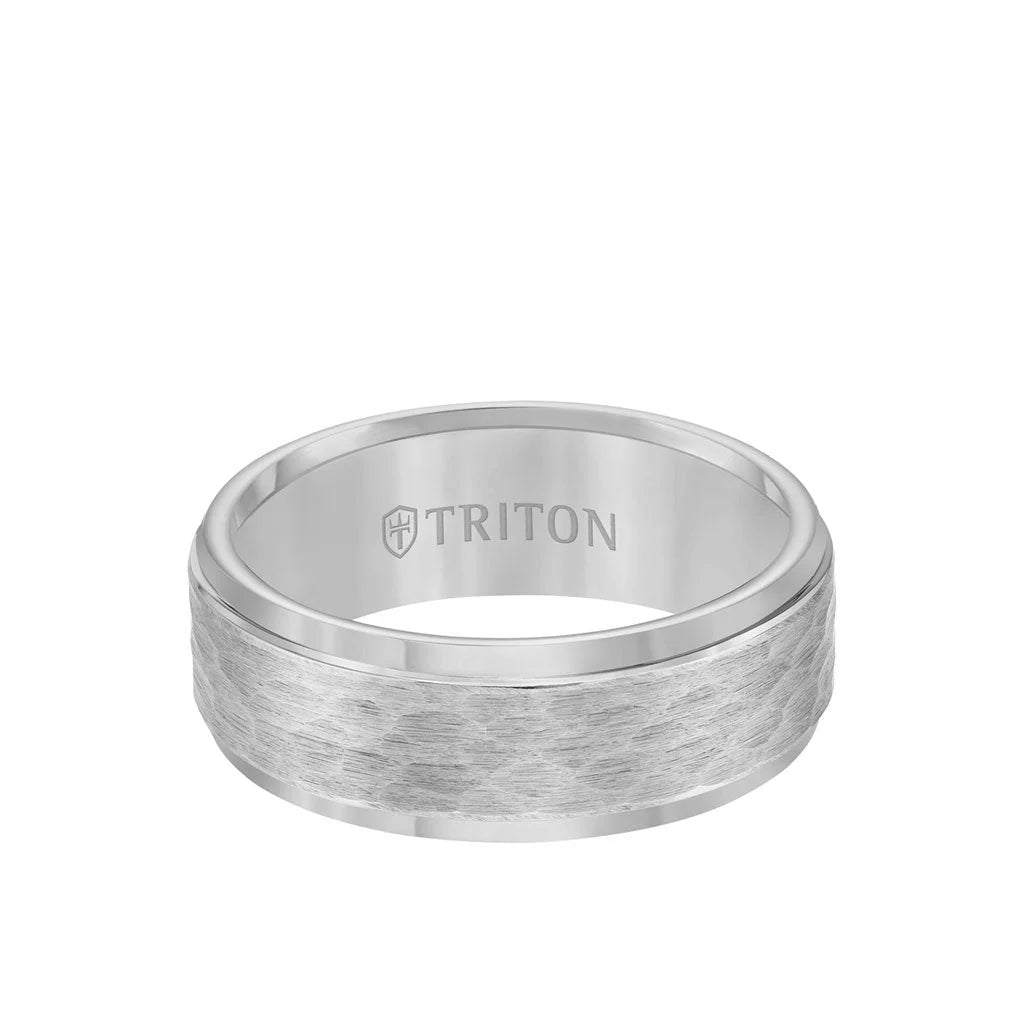 11-3288 Triton 8MM Tungsten Carbide Ring - Hammered Center and Step Edge 0
