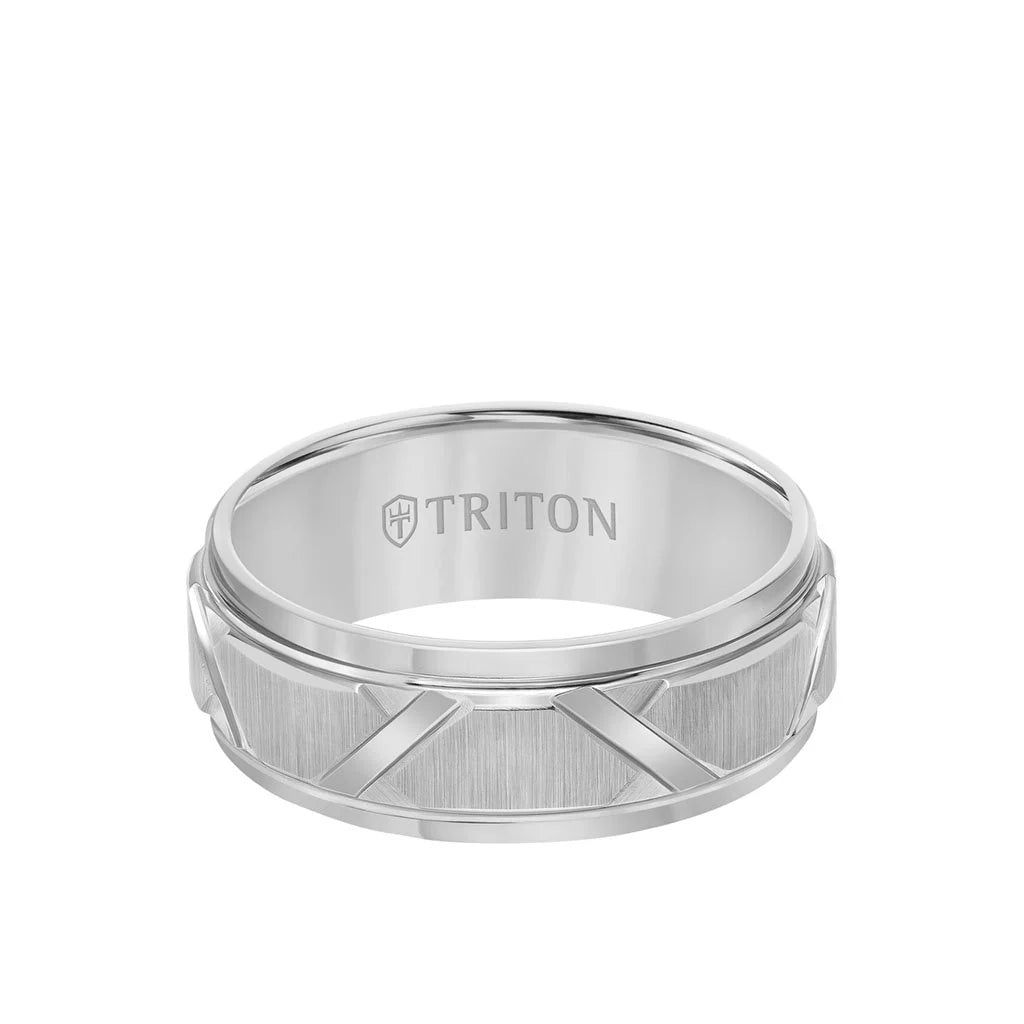 11-4126 8MM Tungsten Carbide Ring - Wire Brush Center with Diagonal Cuts and Step Edge - Grey 0
