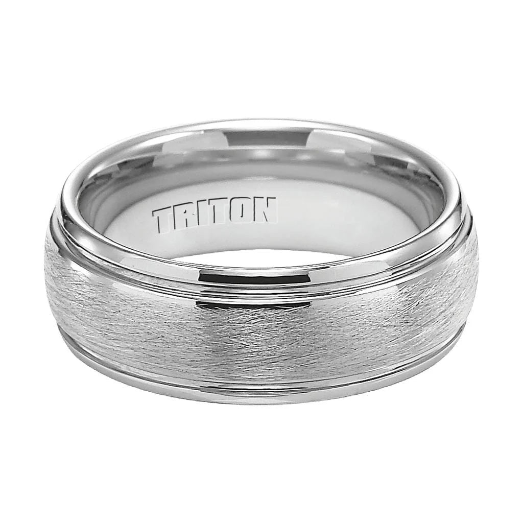 11-4129 8MM Tungsten Carbide Ring - Domed Wire Brush Center and Flat Edge - Grey 0