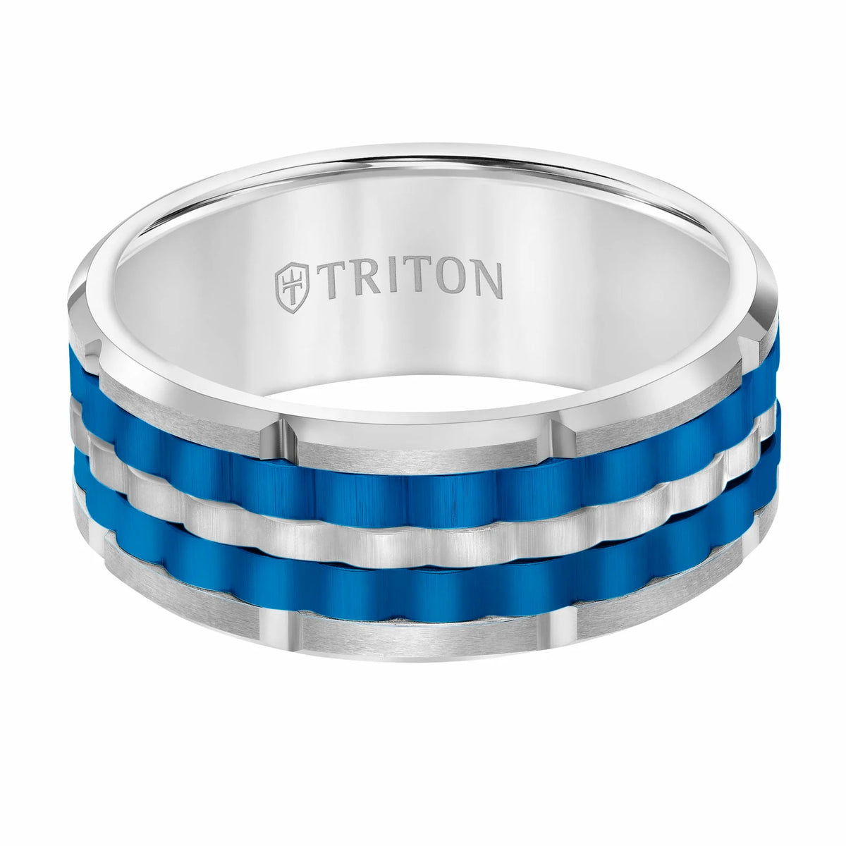 11-6016WCBU 9MM Tungsten Carbide Ring - Basketweave Center & Bevel Edge - White/Blue