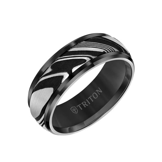 11-6047BC8 8MM Tungsten Carbide Ring - Damascus Steel with Bevel Edge 0