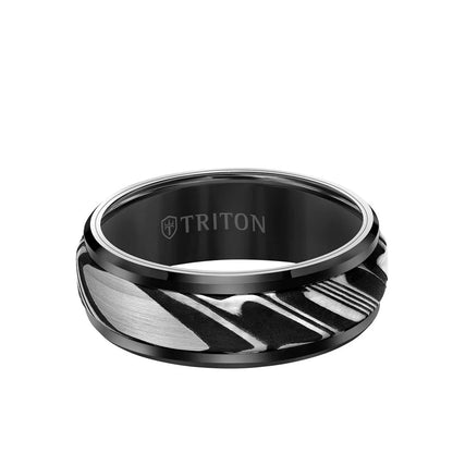 11-6047BC8 8MM Tungsten Carbide Ring - Damascus Steel with Bevel Edge 0