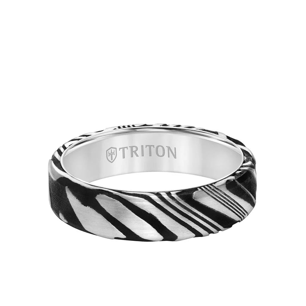 11-6049WC6 6MM White Tungsten Carbide Ring with Damascus Steel