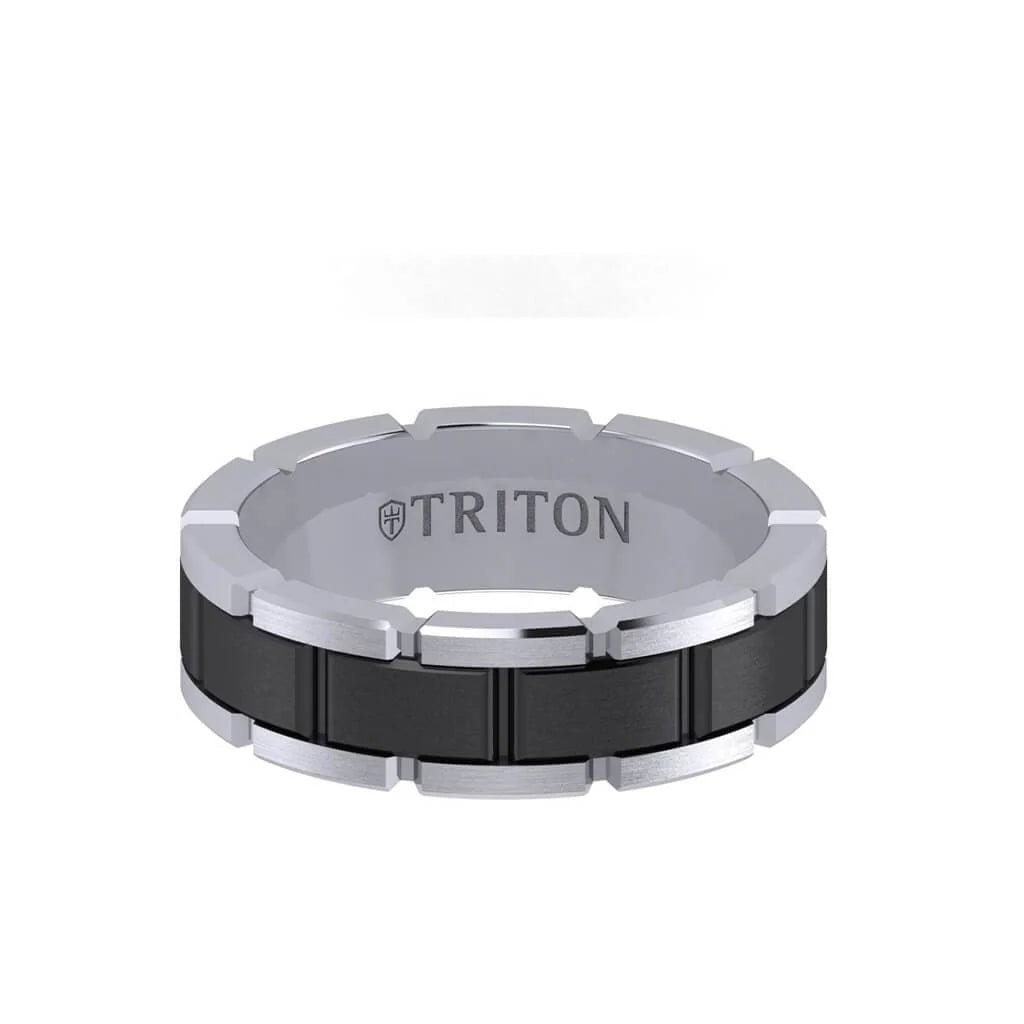 11-6130WBC7 7MM Tungsten Black DLC Ring - T-Link Design - White/Black