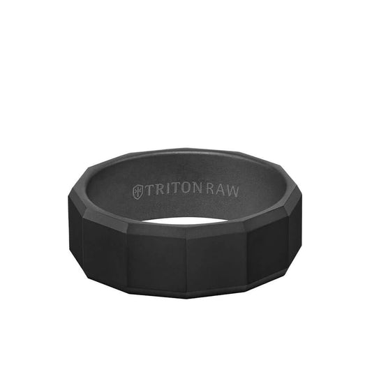 11-RAW0125BC8-G 8MM Tungsten RAW Black DLC Ring - Faceted Pattern with Bevel Edge 0
