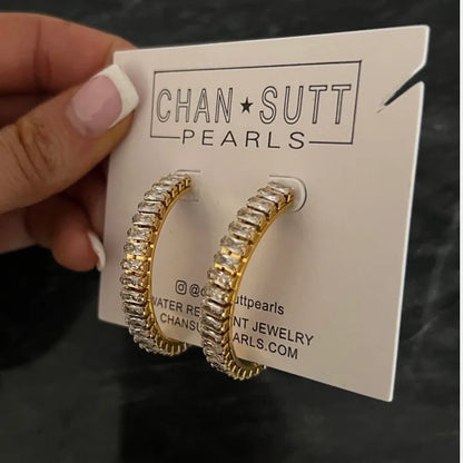 400018 Chansutt Pearls Large CZ Hoop Earrings Water Resistant 18k Plated Stainless Steel