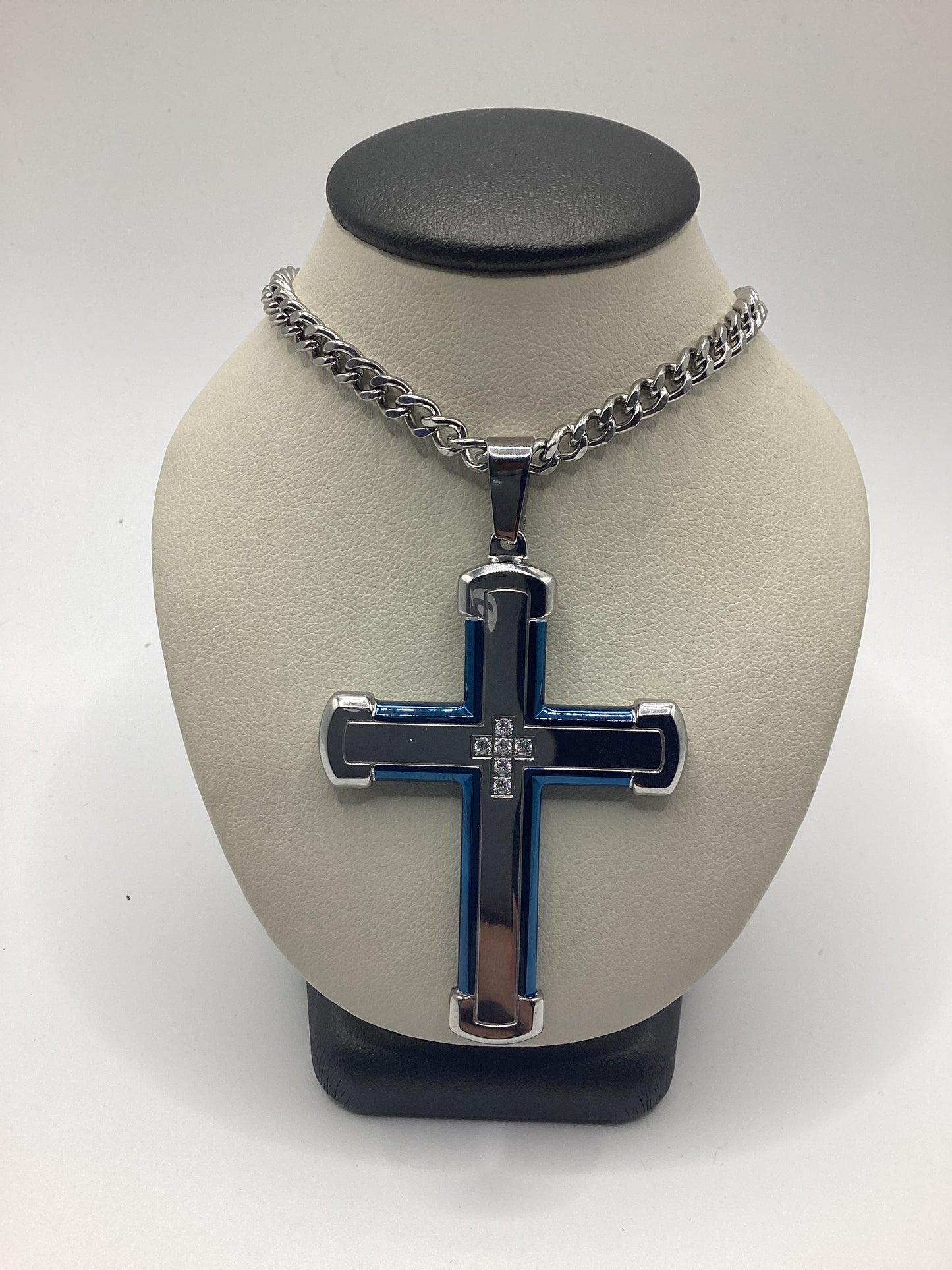 SL-7103 Stainless Steel Blue SIL CZ Cross Necklace