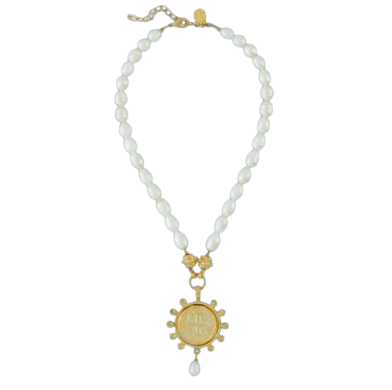 Susan Shaw Gold Cross Coin Freshwater Pearl Necklace