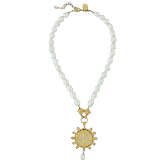 Susan Shaw Gold Cross Coin Freshwater Pearl Necklace