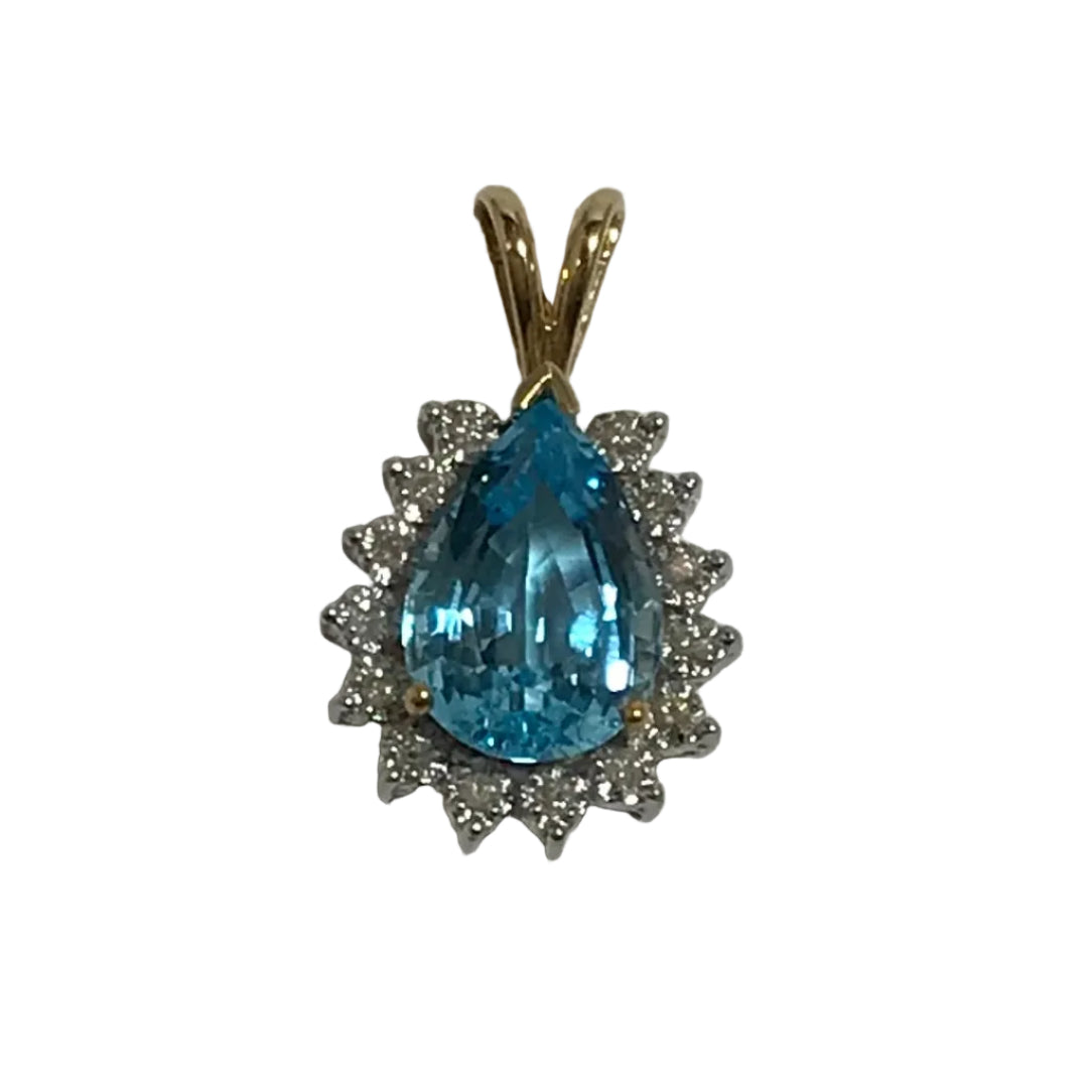 U 47945 14K Yellow Gold Pear Shaped Lt Blue Stone/Clear Stone Pendant